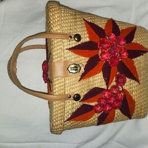 Tan and Red Floral Woven Tote Bag